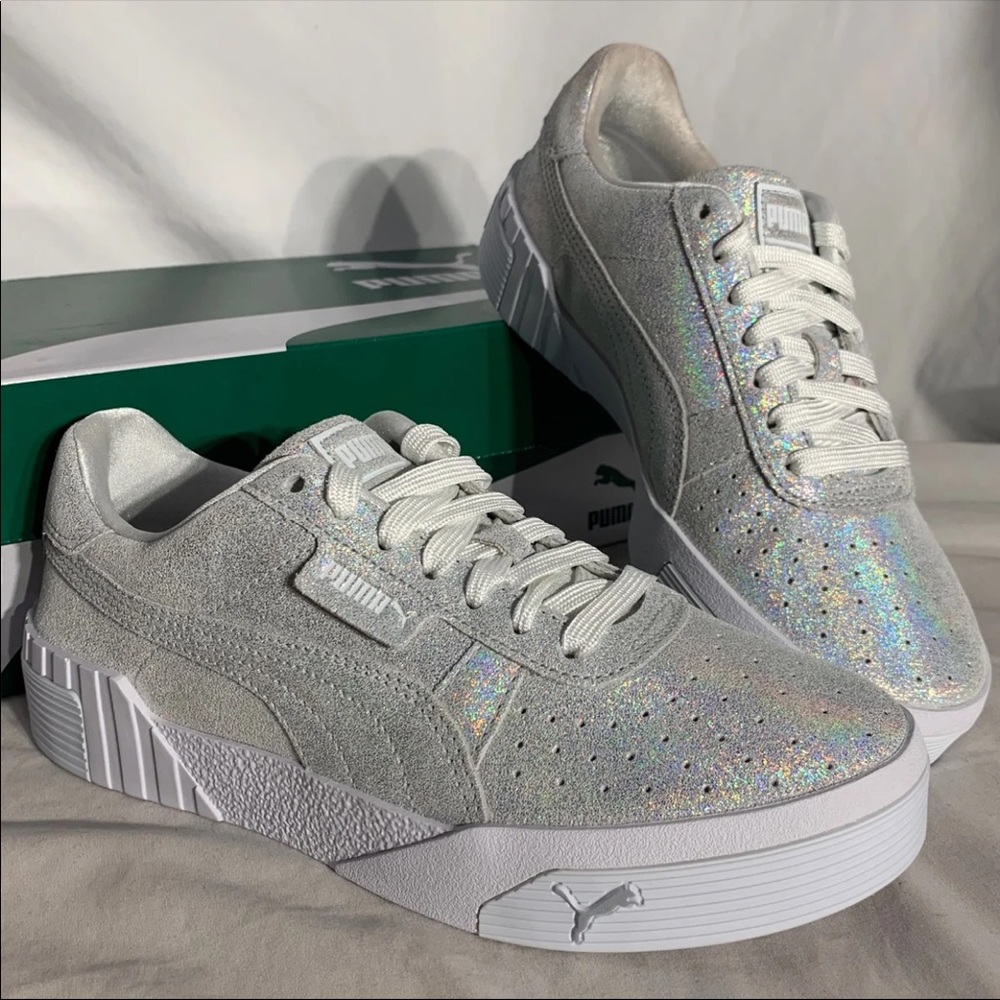Puma Cali Shimmer Holographic Rainbow Glitter Silver White Shoes Womans NWB